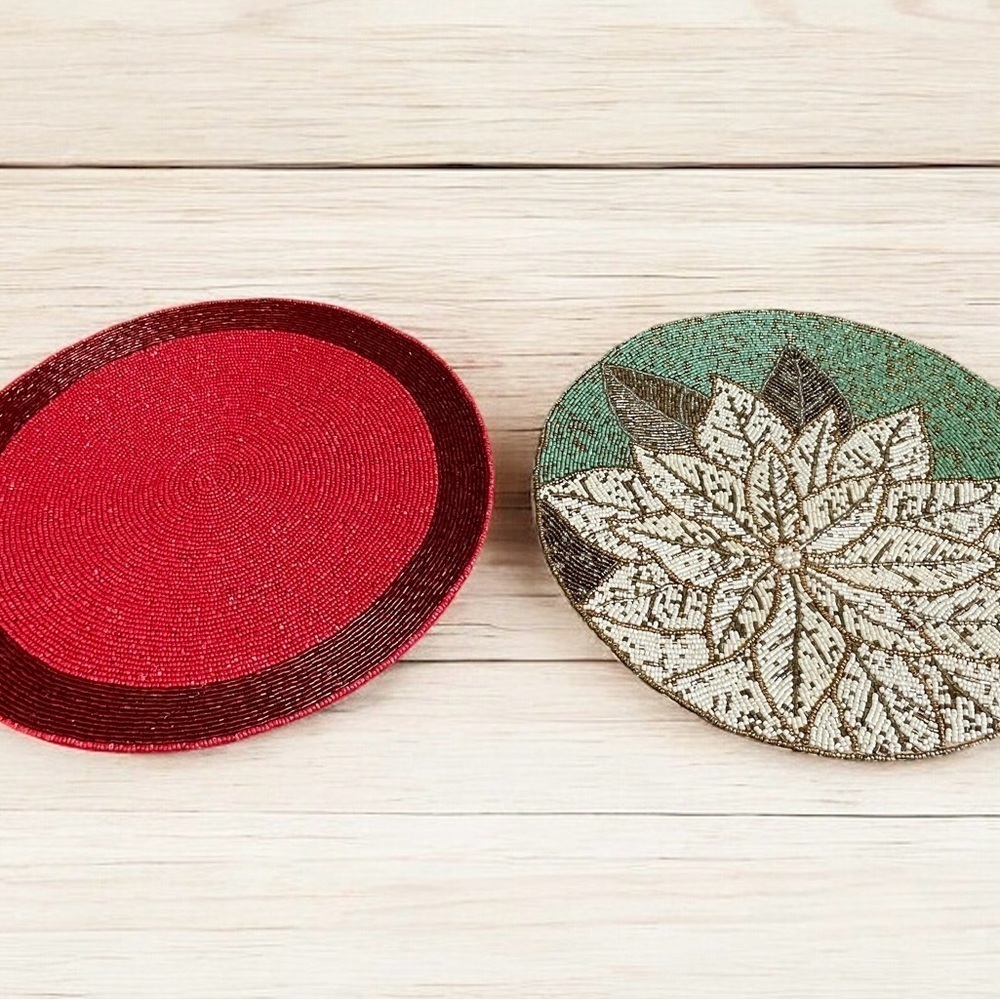 Two Handmade Beaded Chargers, Tahari & Nicole Miller, Red Green Christmas